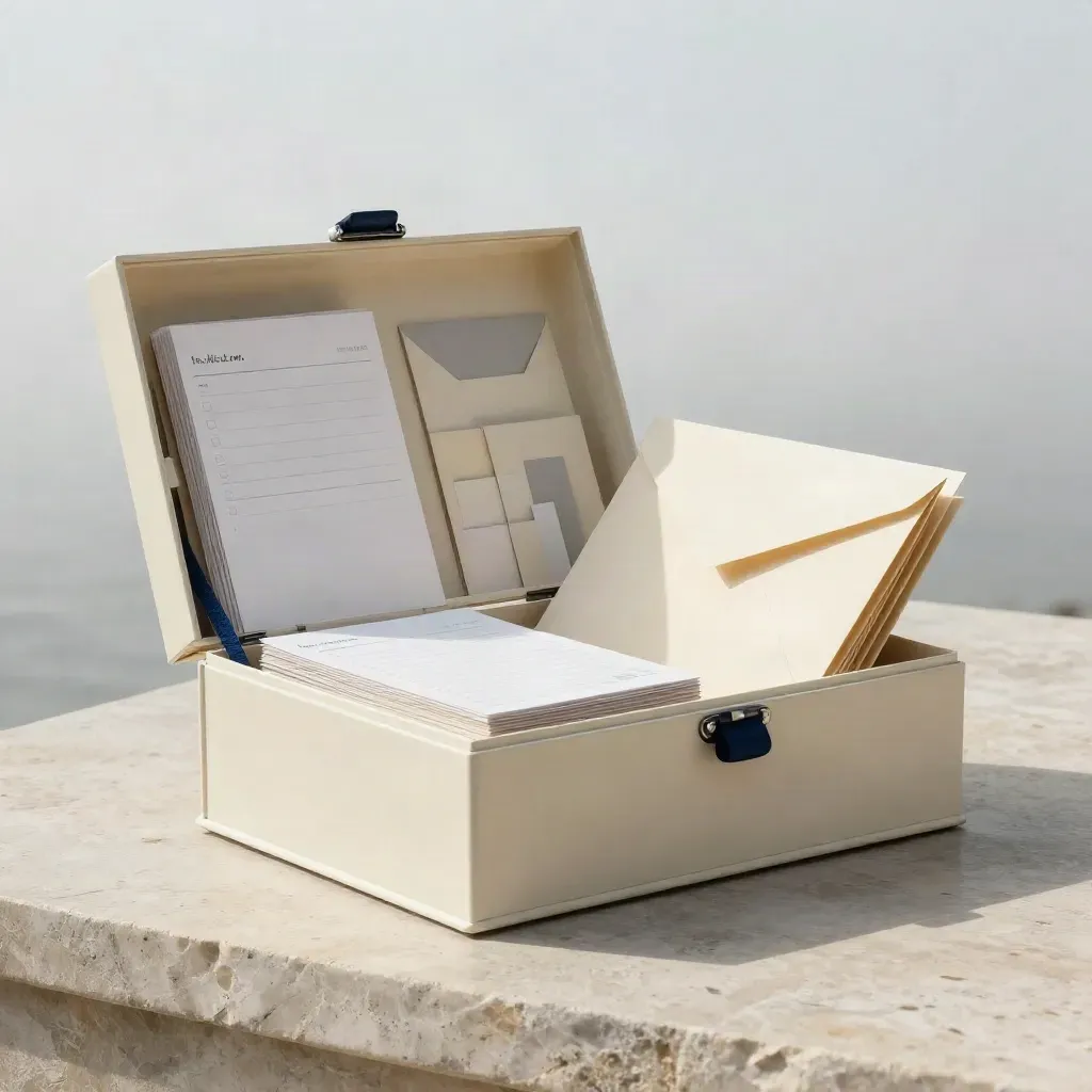 Cream survey kit on pale limestone with cards fanned open in soft rain-clearing light